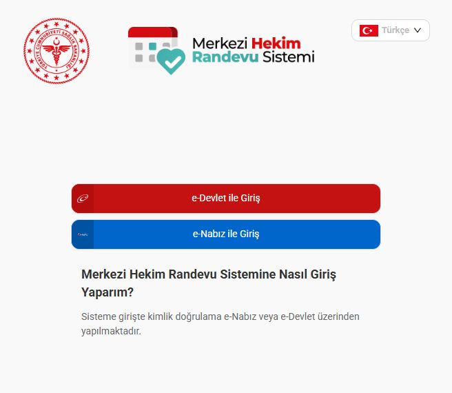 Güncel MHRS giriş ekranında kırmızı e-Devlet ile Giriş ve mavi e-Nabız ile Giriş düğmeleri.